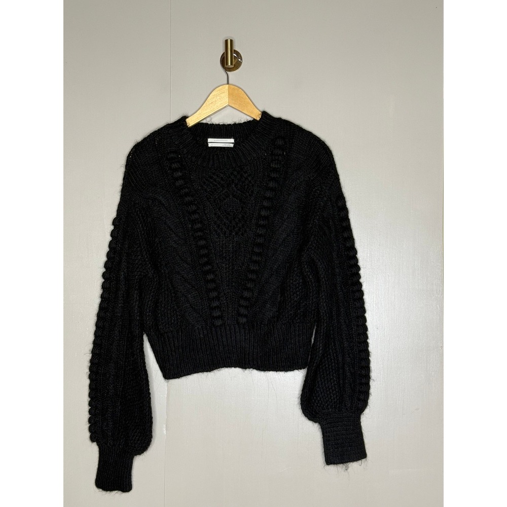 Anthropologie Black Cable Knit Cropped Sweater Balloon Sleeve Small